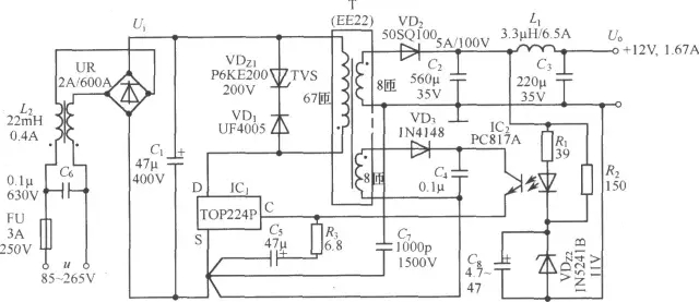 TOP224P構(gòu)成的12V、20W開關(guān)直流穩(wěn)壓電源電路